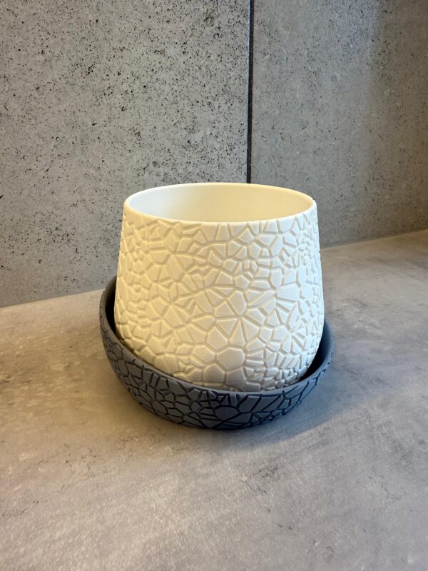 Bloempot met krakele-effect – wit met grijs opvangschaaltje - Afbeelding 2