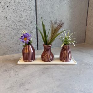 Set van 3 mini-vaasjes in roségoud – inclusief keramiek-look displayplateau